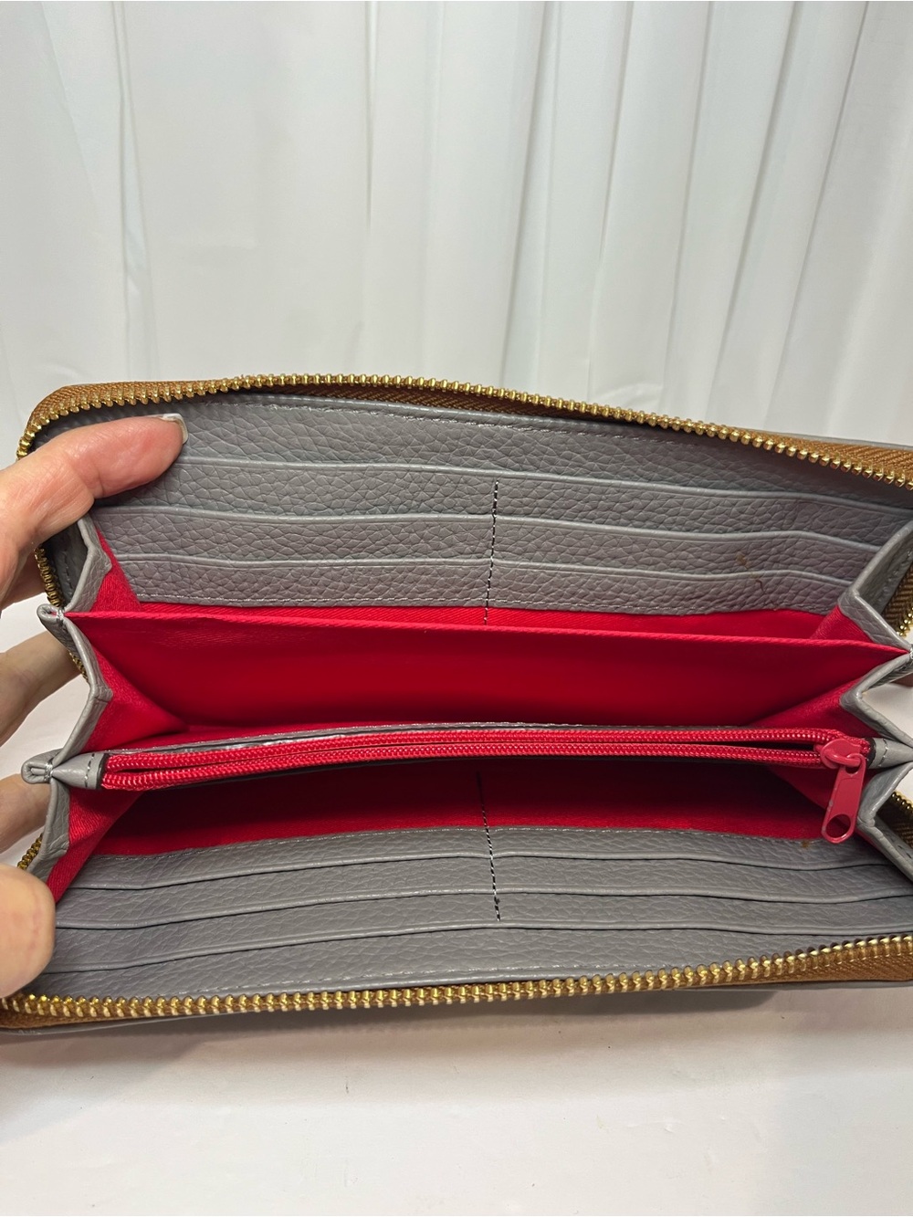 Dooney & Bourke Gray Pebbled Leather Zip Wallet with Brown Wrist Strap - Picture 3 of 5